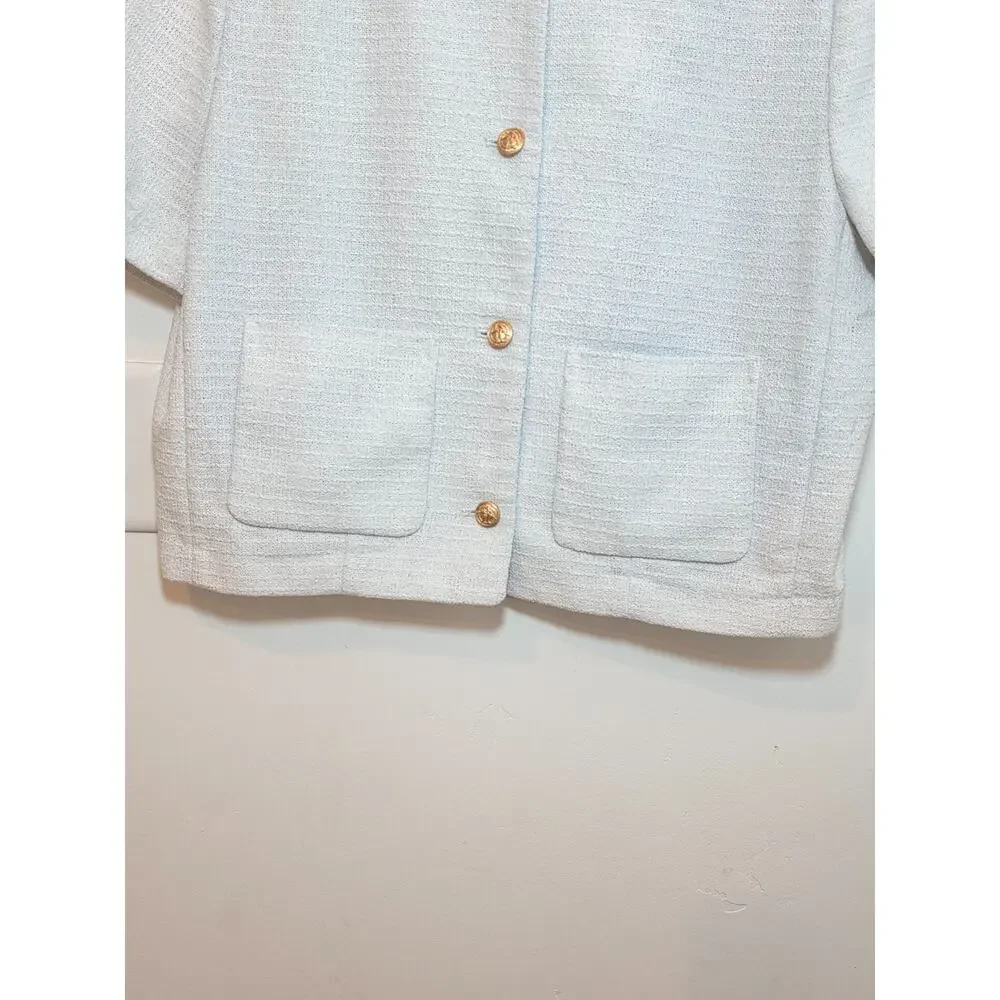 Women's Tweed Lady Jacket Large Sky Blue Cropped Gold Button Korean Old Money
